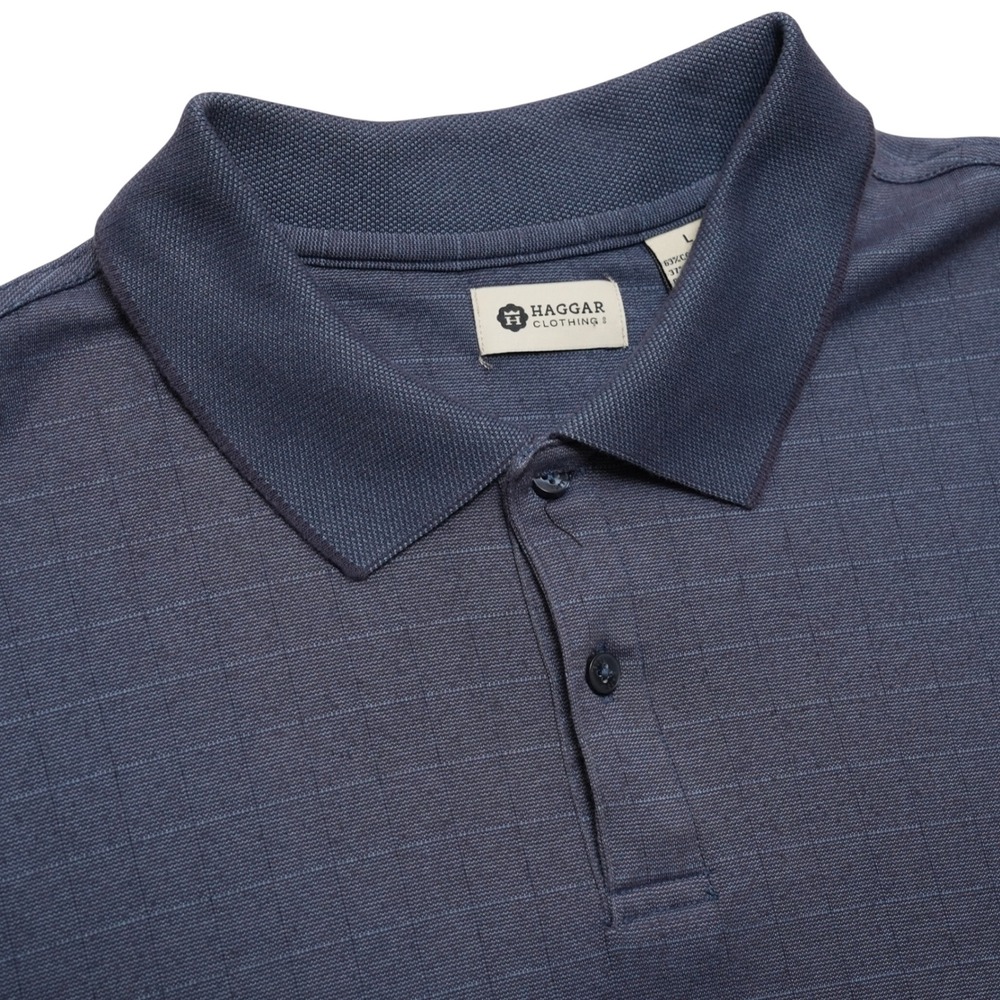 Haggar Polo Shirt Mens Large Blue Grid Golf‎ Casual Cotton Blend